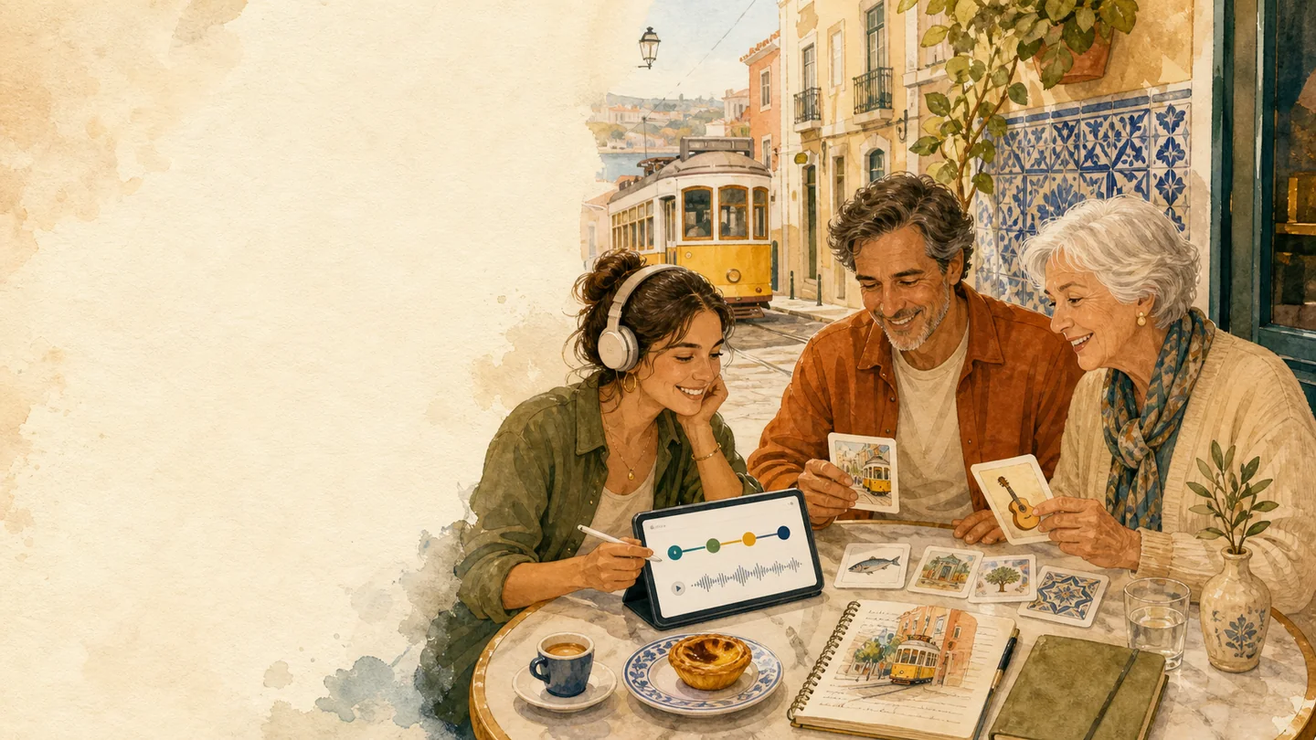 Três adultos de idades diferentes aprendem português europeu num café de Lisboa